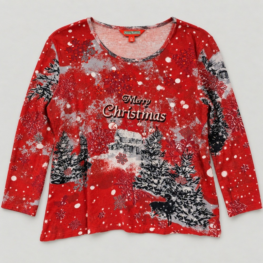 Holiday Traditions Christmas Top XL Red Sequin Winter Cabin Reindeer Festive
